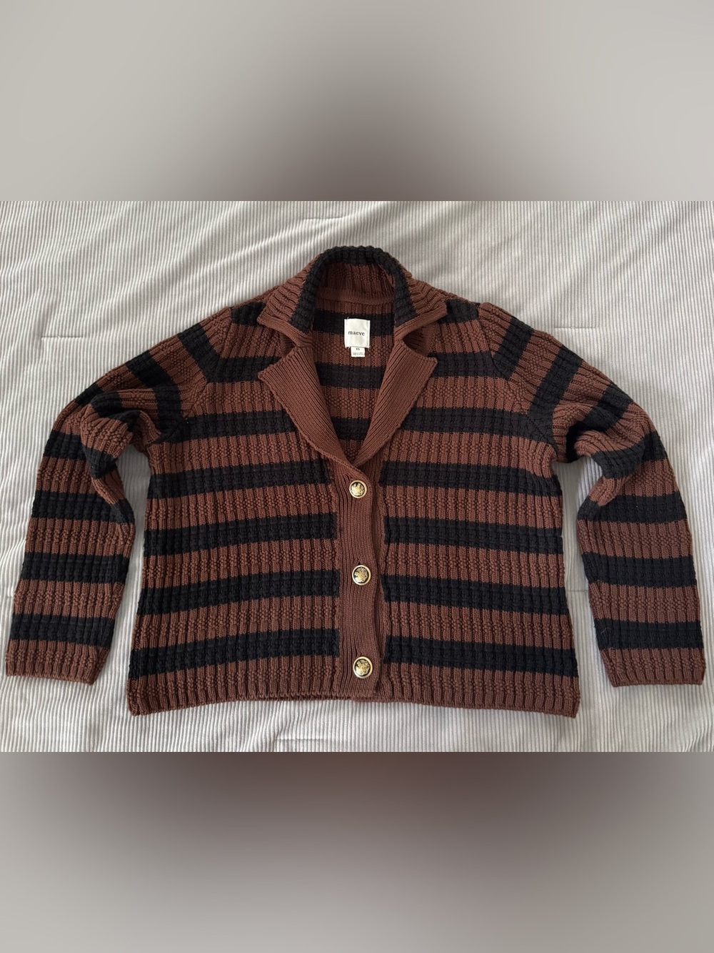 Maeve Brown and Black Striped Knit Cardigan with Gold Buttons